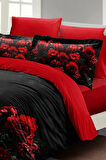 Çift Kişilik ( Lastikli Çarşaflı ) Sevgililer Günü Nevresim Takımı % 100 Pamuk Saten Black Rose
