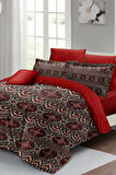 Lastikli Çarşaflı %100 Pamuk Saten Çift Kişilik Nevresim Takımı Red Old Design