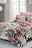 Leopar Lastikli Çarşaflı %100 Pamuk Saten Çift Kişilik Nevresim Takımı Zebra Flowers