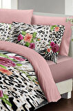 Leopar Lastikli Çarşaflı %100 Pamuk Saten Çift Kişilik Nevresim Takımı Zebra Flowers