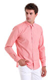 Turuncu Slim Fit Çizgili Slim Yaka 100% Pamuk Uzun Kollu Casual Gömlek