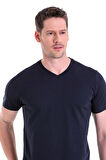 Lacivert Düz Slim Fit 100% Pamuk V Yaka Tişört