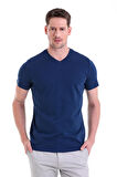 indigo Düz Slim Fit 100% Pamuk V Yaka Tişört