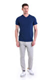 indigo Düz Slim Fit 100% Pamuk V Yaka Tişört