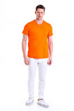 Oranj Düz Slim Fit 100% Pamuk V Yaka Tişört