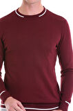 Bordo Regular Fit Çizgili Yün Bisiklet Yaka Triko Kazak | S