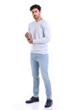 Erkek Gri Regular Fit Yünlü Düz Bisiklet Yaka Triko Kazak | 3XL