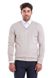 Erkek Bej Regular Fit Yünlü Düz V  Yaka Triko Kazak | M