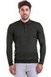 Erkek Haki Regular Fit Yünlü Desenli Polo Yaka Triko Kazak | S