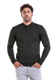 Erkek Haki Regular Fit Yünlü Desenli Polo Yaka Triko Kazak | S