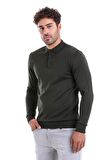 Erkek Haki Regular Fit Yünlü Desenli Polo Yaka Triko Kazak | S