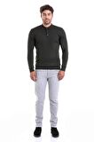 Erkek Haki Regular Fit Yünlü Desenli Polo Yaka Triko Kazak | S