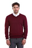 Erkek Bordo Regular Fit Desenli V Yaka Triko Kazak | L