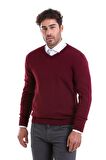 Erkek Bordo Regular Fit Desenli V Yaka Triko Kazak | XL
