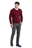 Erkek Bordo Regular Fit Desenli V Yaka Triko Kazak | XL