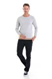 Gri Comfort Fit Düz Yünlü Bisiklet Yaka Casual Triko Kazak