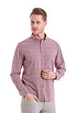 Bordo Comfort Fit Desenli Düğmeli Yaka Uzun Kollu Casual Flanel Gömlek | M