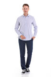 Lacivert Ç. Comfort Fit Çizgili Pamuklu Slim Yaka Uzun Kollu Spor Gömlek