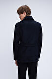Lacivert Slim Fit Düz Kruvaze Yünlü Kaşe Kaban | XS