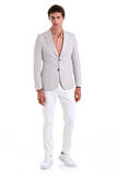 Gri Slim Fit Düz Mono Yaka Casual Keten Ceket