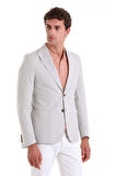 Gri Slim Fit Düz Mono Yaka Casual Keten Ceket