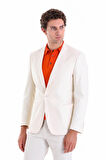 Ekru Comfort Fit Düz Mono Yaka Casual Keten Ceket