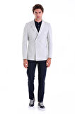 Gri Slim Fit Düz Sivri Yaka Kruvaze Keten Ceket