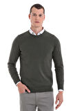 Haki Regular Fit Düz Bisiklet Yaka 100% Pamuklu Triko Kazak | S
