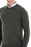 Haki Regular Fit Düz Bisiklet Yaka 100% Pamuklu Triko Kazak | S