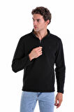 Siyah Regular Fit Düz Yarım Boy Fermuarlı Polar Sweatshirt