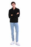 Siyah Regular Fit Düz Yarım Boy Fermuarlı Polar Sweatshirt