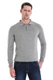 Gri Regular Fit Düz Polo Yaka Triko Kazak | L