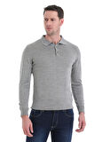 Gri Regular Fit Düz Polo Yaka Triko Kazak | L