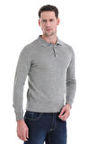 Gri Regular Fit Düz Polo Yaka Triko Kazak | L