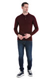 Bordo Regular Fit Düz Polo Yaka Triko Kazak | M