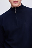 Lacivert Regular Fit Jakarlı Yarım Balıkçı Yaka Fermuarlı Yünlü Triko Kazak | S
