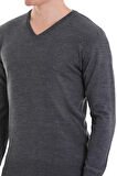 Gri Regular Fit Düz V Yaka Yünlü Triko Kazak | XL