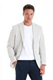 Beyaz  Slim Fit Çizgili Sivri Yaka Casual Ceket | 48