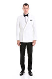 Beyaz Slim Fit Düz Sivri Yaka Klasik Kruvaze Smokin Damatlık | 46