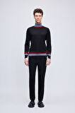 Siyah Regular Fit Çizgili Balıkçı Yaka Yünlü Triko Kazak | M