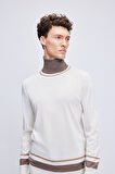 Ekru Regular Fit Çizgili Balıkçı Yaka Yünlü Triko Kazak | XL