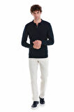 Lacivert Regular Fit Jakarlı Polo Yaka Yünlü Triko Kazak | XL