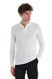Ekru Regular Fit Jakarlı Polo Yaka Yünlü Triko Kazak | XL