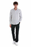 Gri Comfort Fit Çizgili Slim Yaka Uzun Kollu Keten Gömlek | S