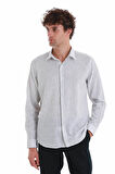 Gri Comfort Fit Çizgili Slim Yaka Uzun Kollu Keten Gömlek | S