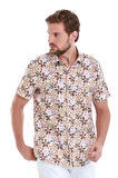 Kahverengi Comfort Fit Baskılı 100% Pamuk Slim Yaka Kısa Kollu Gömlek | XL