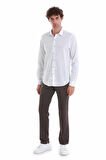 Beyaz  Comfort Fit Baskılı Slim Yaka Uzun Kollu Spor Gömlek | L