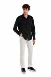 Siyah Comfort Fit Düz 100% Pamuk Slim Yaka Uzun Kollu Spor Gömlek | M