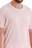 Pembe Regular Fit Düz Bisiklet Yaka Keten Tişört | L