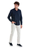 Lacivert Slim Fit Düz Slim Yaka Pamuklu Uzun Kollu Gömlek | M